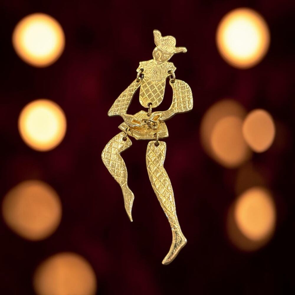 Vintage Gold Articulated Jester Brooch 6” Dangling Legs Harlequin Statement